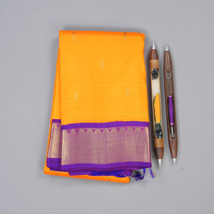 Hayagrivas Mango Yellow Handloom Kanjivaram Silk Saree with Purple Border BBD1547A9-1