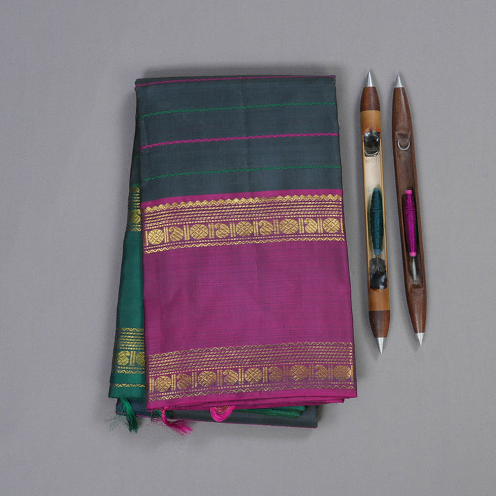 Hayagrivas Dark Grey Handloom Kanjivaram Silk Saree with Ganga Jamuna (Green And Purple) Border BBD1547A3-1