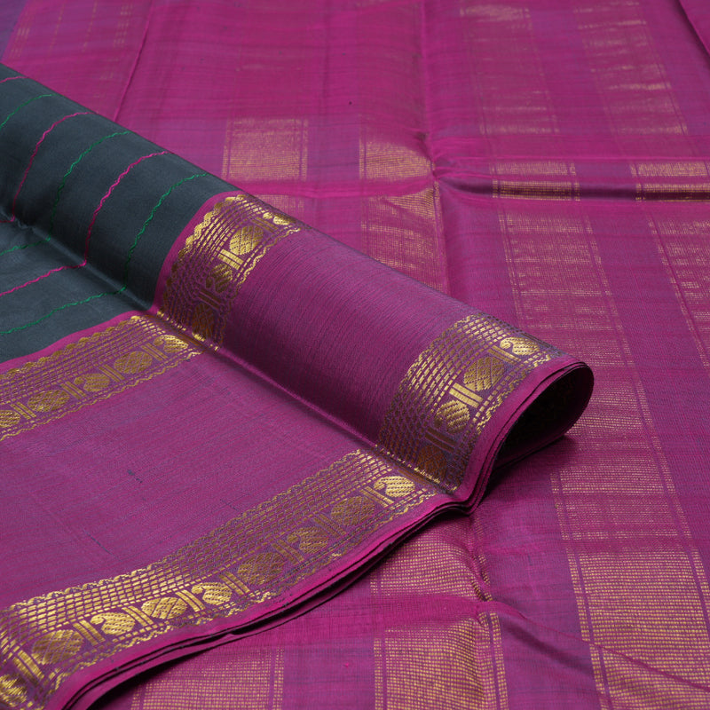 Hayagrivas Dark Grey Handloom Kanjivaram Silk Saree with Ganga Jamuna (Green And Purple) Border BBD1547A3-1