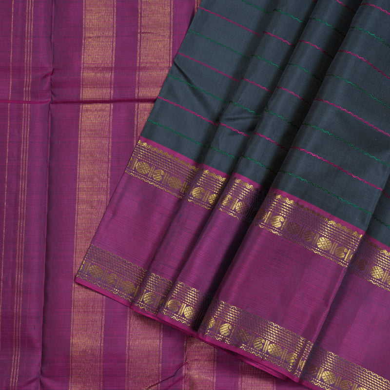 Hayagrivas Dark Grey Handloom Kanjivaram Silk Saree with Ganga Jamuna (Green And Purple) Border BBD1547A3-1