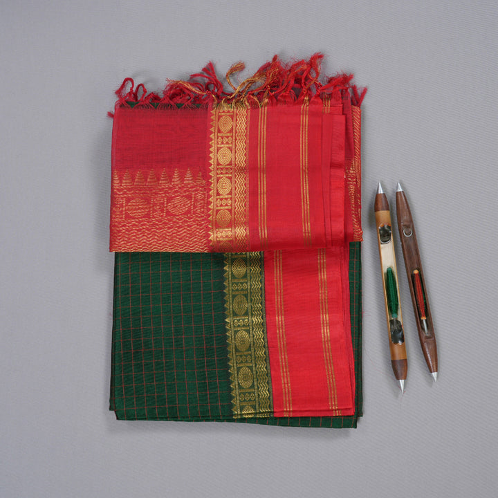 Hayagrivas Green With Red Border Silk Cotton Saree BBD175E4-1