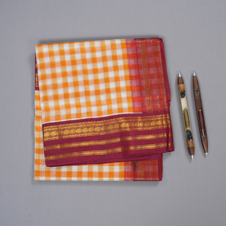 Hayagrivas Handloom Orange & Beige checks with Maroon Korvai Border Silk Cotton Saree BBD1804B1-1