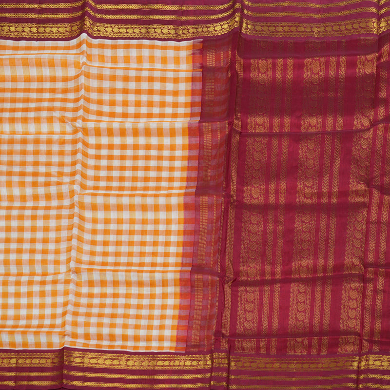 Hayagrivas Handloom Orange & Beige checks with Maroon Korvai Border Silk Cotton Saree BBD1804B1-1