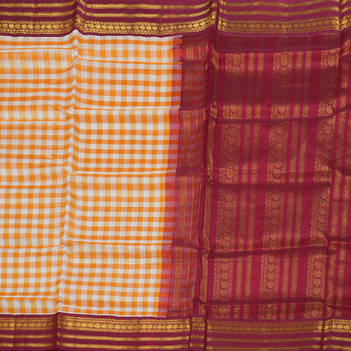 Hayagrivas Handloom Orange & Beige checks with Maroon Korvai Border Silk Cotton Saree BBD1804B1-1