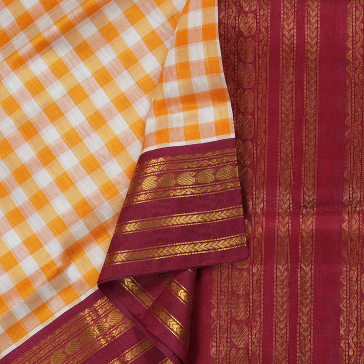 Hayagrivas Handloom Orange & Beige checks with Maroon Korvai Border Silk Cotton Saree BBD1804B1-1