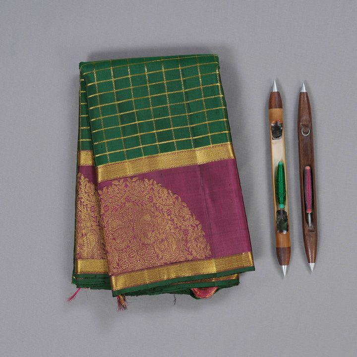 Hayagrivas Bottle Green Kanjivaram Silk Saree with Dark Pink Border - BBD1870B3-3