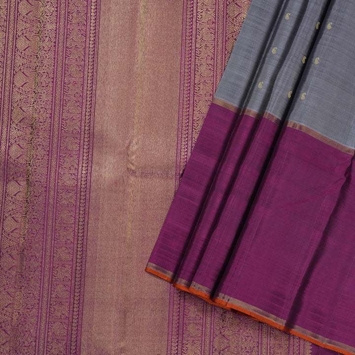 Hayagrivas Grey Kanjivaram Silk Saree with Purple Border - BBD1907C1-1