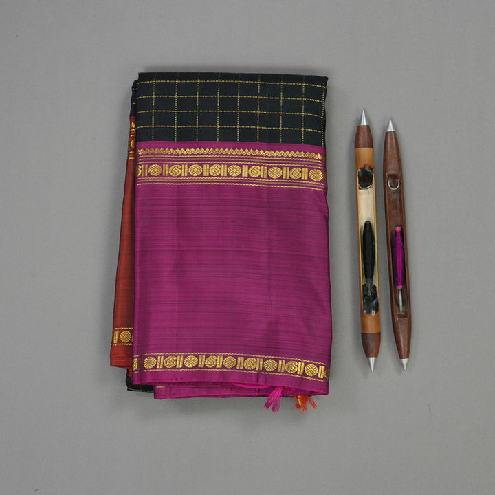 Hayagrivas Handloom Black Kanjivaram Silk Saree with Ganga Jamuna border BBD1934C6-2