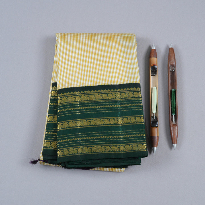 Hayagrivas Handloom Sandal - Beige Checks With Dark Green Border Kanjivaram Silk Saree BBD1975C12-1