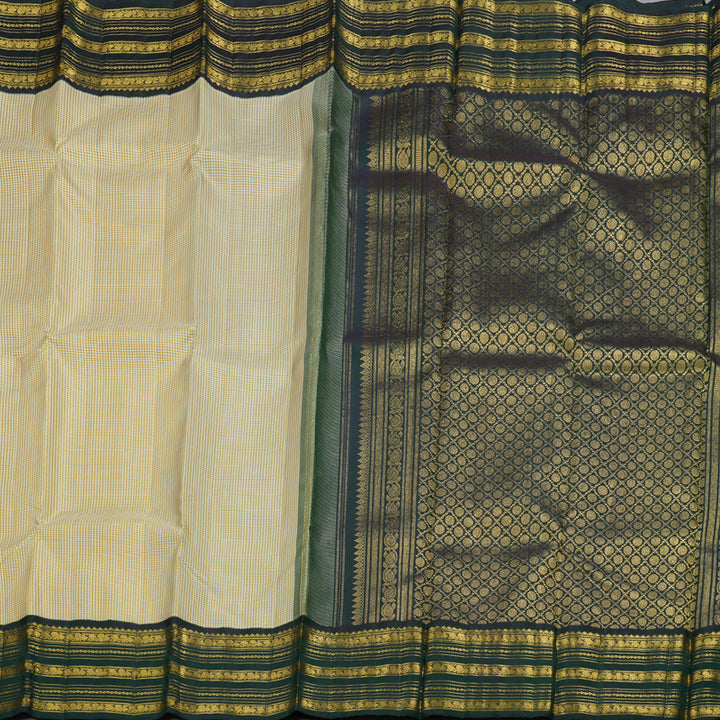 Hayagrivas Handloom Sandal - Beige Checks With Dark Green Border Kanjivaram Silk Saree BBD1975C12-1