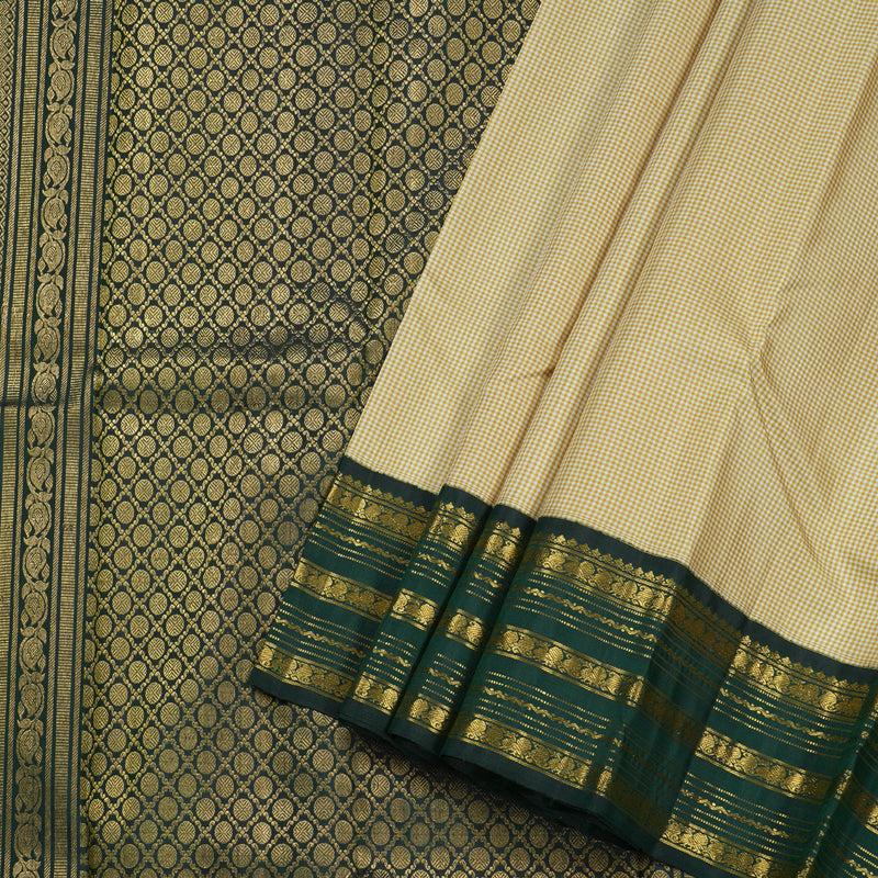 Hayagrivas Handloom Sandal - Beige Checks With Dark Green Border Kanjivaram Silk Saree BBD1975C12-1