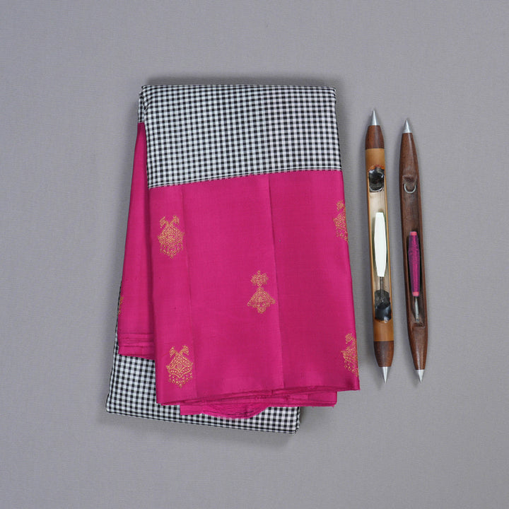 Hayagrivas Black And White Muted Checks Handloom Kanjivaram Silk Saree with Pink Border BBD1991C1-1