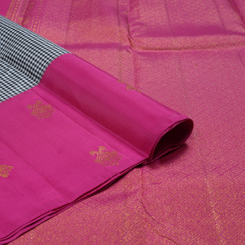 Hayagrivas Black And White Muted Checks Handloom Kanjivaram Silk Saree with Pink Border BBD1991C1-1