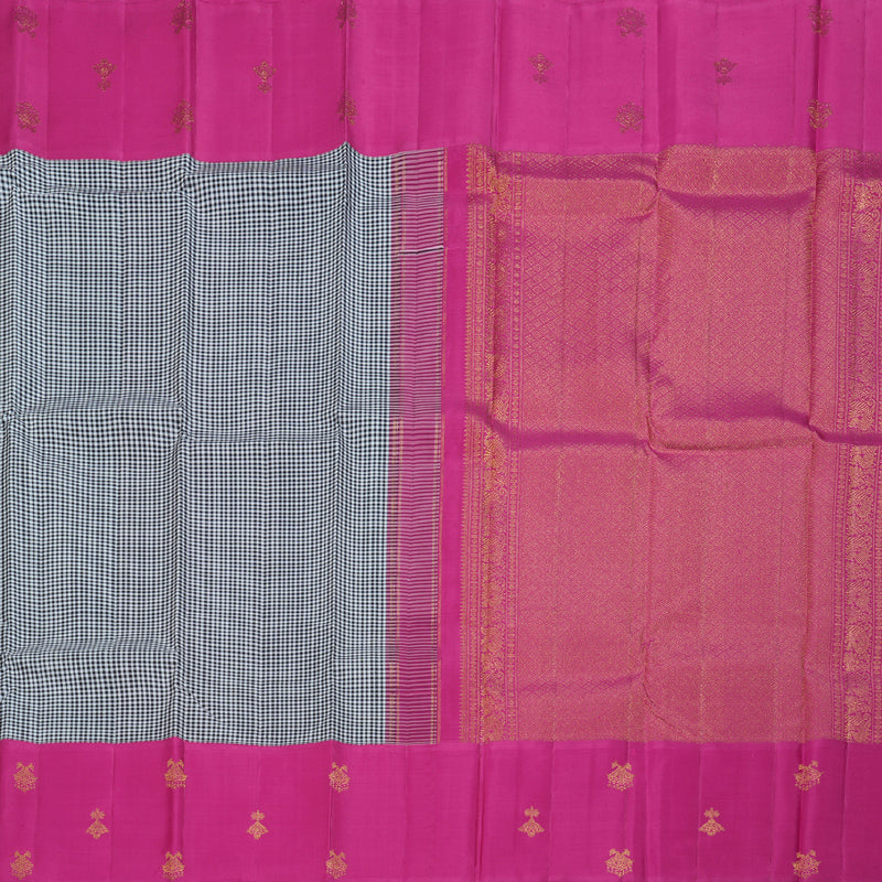 Hayagrivas Black And White Muted Checks Handloom Kanjivaram Silk Saree with Pink Border BBD1991C1-1