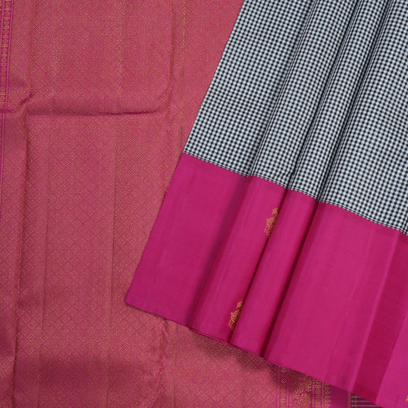 Hayagrivas Black And White Muted Checks Handloom Kanjivaram Silk Saree with Pink Border BBD1991C1-1