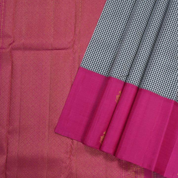 Hayagrivas Black And White Muted Checks Handloom Kanjivaram Silk Saree with Pink Border BBD1991C1-1