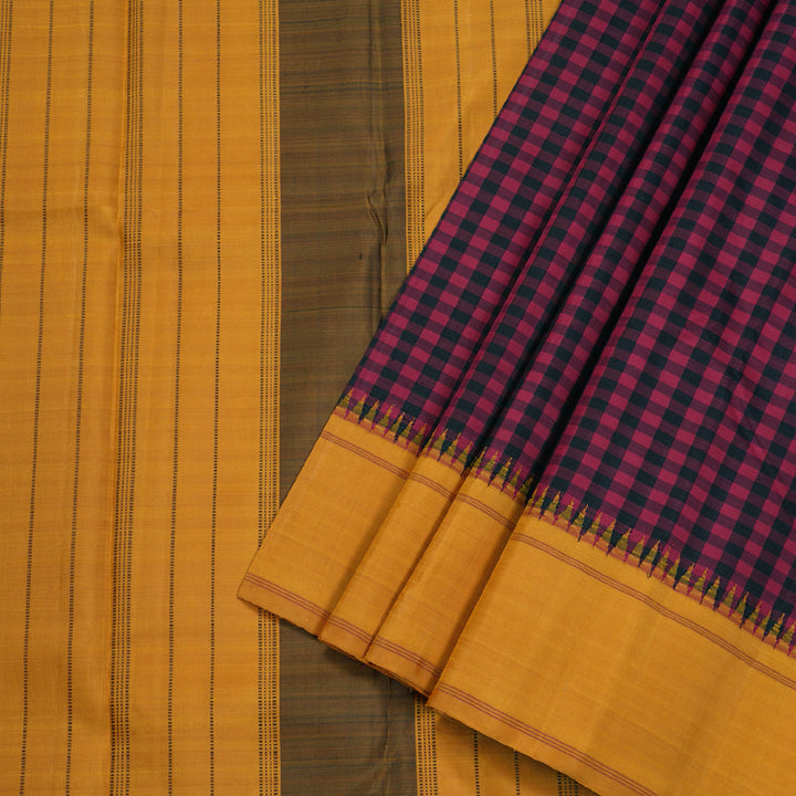 Hayagrivas Maroon And Black Checks Kanjivaram Silk Saree with Mustard  Border BBD209E1-1