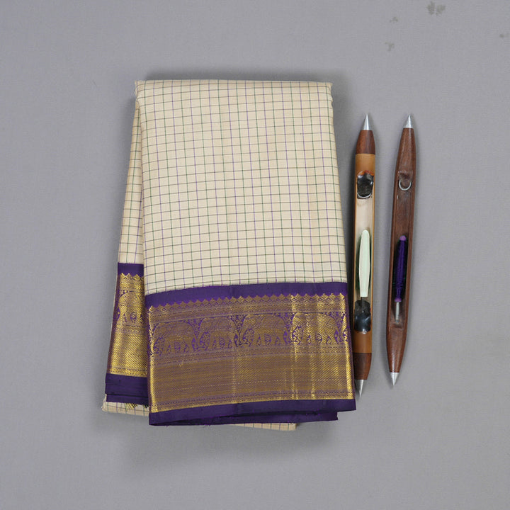 Hayagrivas Beige Kanjivaram Silk Saree with Purplish Blue Border - BBD225E1-1