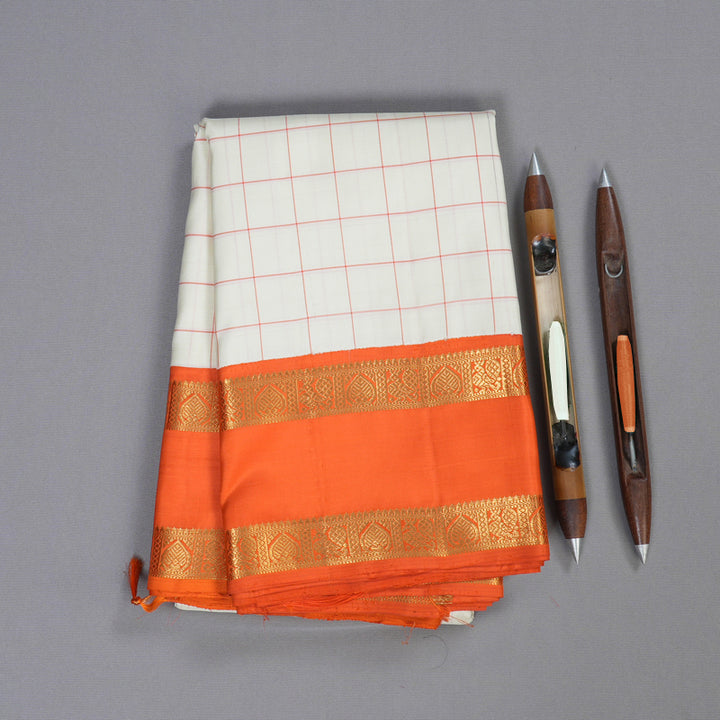 Hayagrivas White Handloom Kanjivaram Silk Saree with Orange Border BBD228E4-3