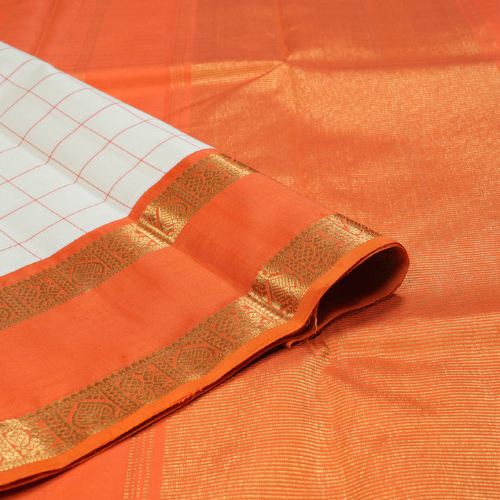 Hayagrivas White Handloom Kanjivaram Silk Saree with Orange Border BBD228E4-3