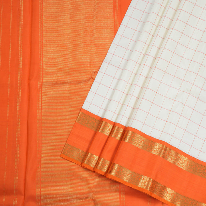 Hayagrivas White Handloom Kanjivaram Silk Saree with Orange Border BBD228E4-3