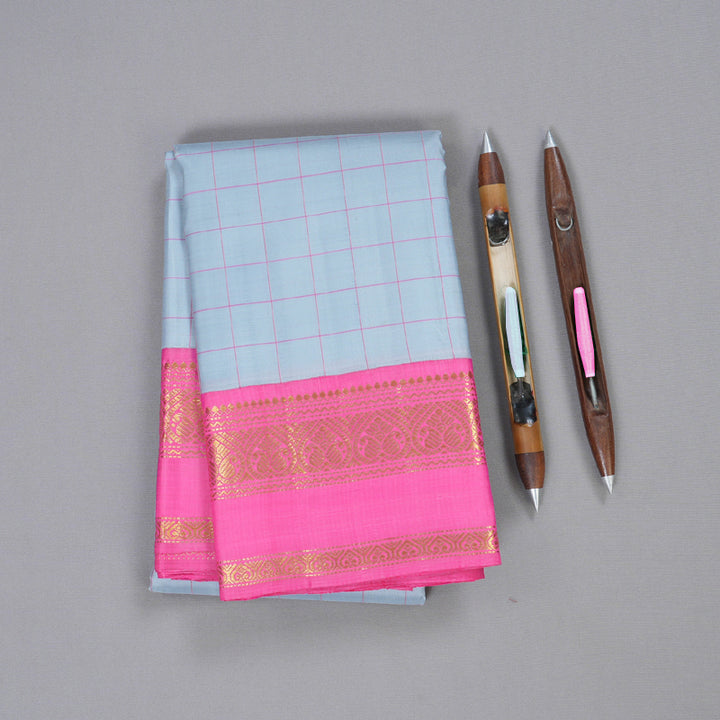 Hayagrivas Steel Grey Kanjivaram Silk Saree with Pink Border BBD228E4-4