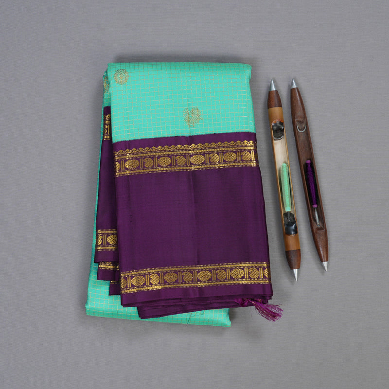 Hayagrivas Sea Blue Handloom Kanjivaram Silk Saree with Purple Border BBD234E2-2