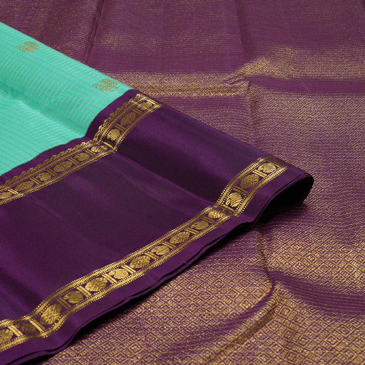 Hayagrivas Sea Blue Handloom Kanjivaram Silk Saree with Purple Border BBD234E2-2