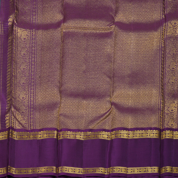 Hayagrivas Sea Blue Handloom Kanjivaram Silk Saree with Purple Border BBD234E2-2