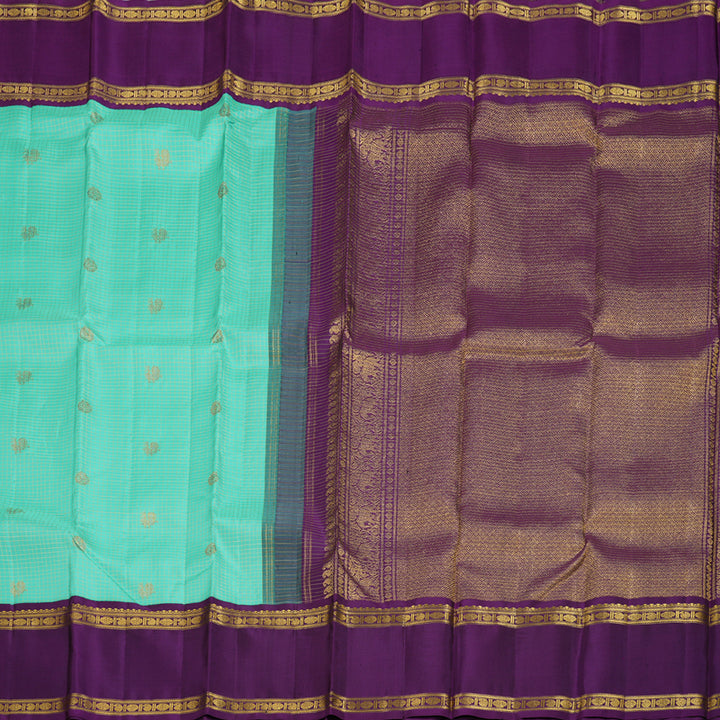 Hayagrivas Sea Blue Handloom Kanjivaram Silk Saree with Purple Border BBD234E2-2