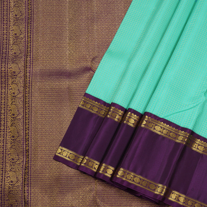 Hayagrivas Sea Blue Handloom Kanjivaram Silk Saree with Purple Border BBD234E2-2
