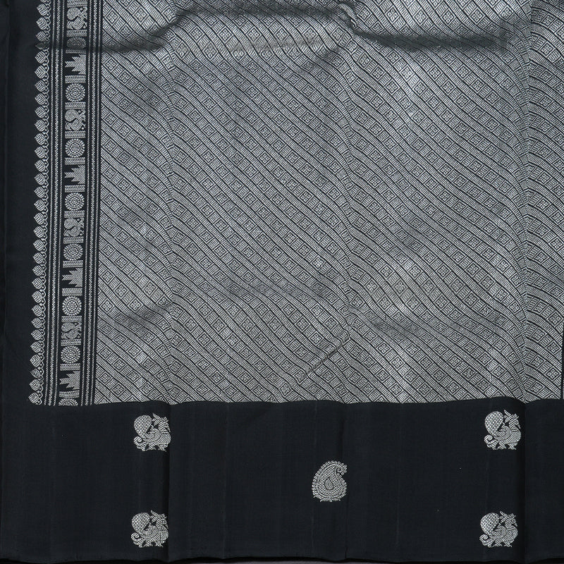 Hayagrivas Black And White Muted Checks Handloom Kanjivaram Silk Saree with Black Border BBD234E3-2