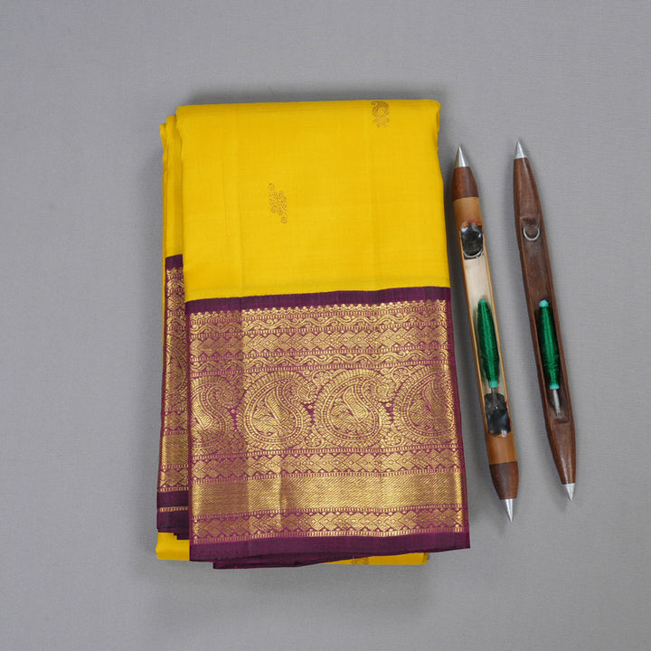 Hayagrivas Canary Yellow Kanjivaram Silk Saree with Purple Border BBD235E9-1