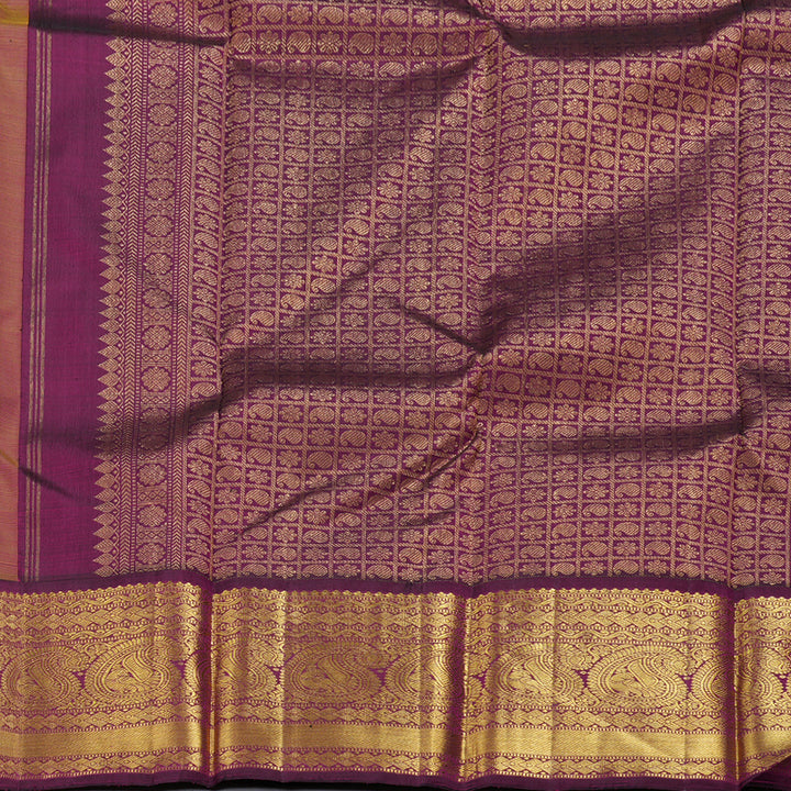 Hayagrivas Canary Yellow Kanjivaram Silk Saree with Purple Border BBD235E9-1