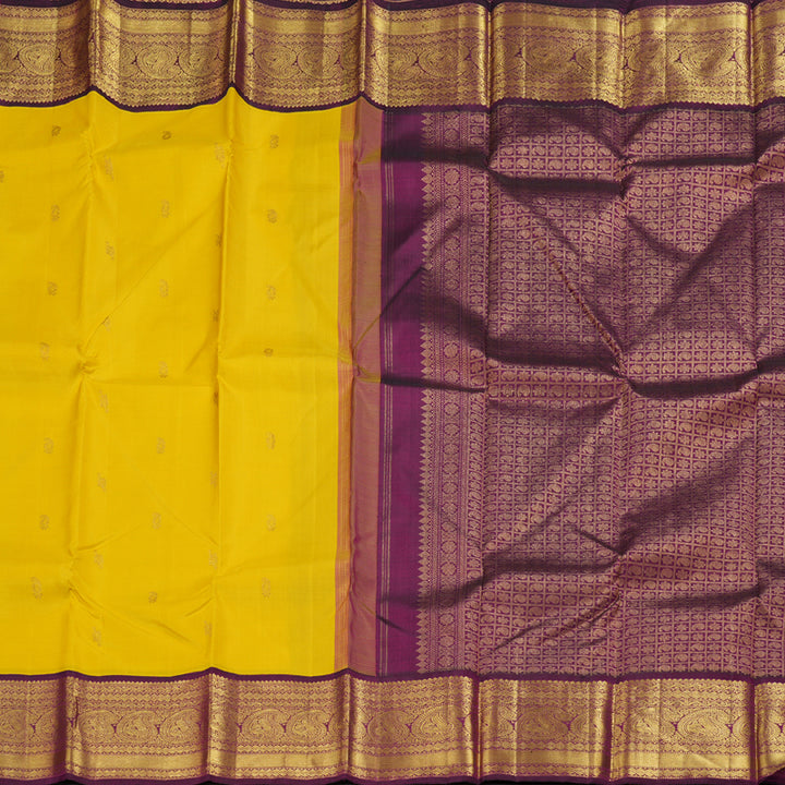 Hayagrivas Canary Yellow Kanjivaram Silk Saree with Purple Border BBD235E9-1