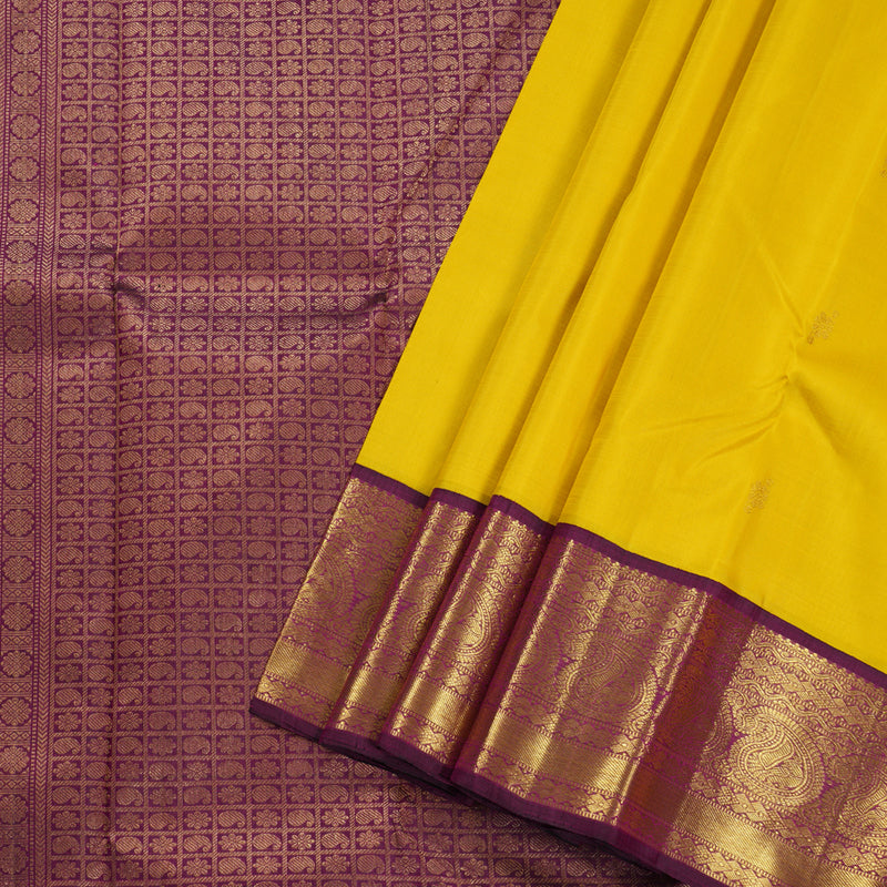 Hayagrivas Canary Yellow Kanjivaram Silk Saree with Purple Border BBD235E9-1