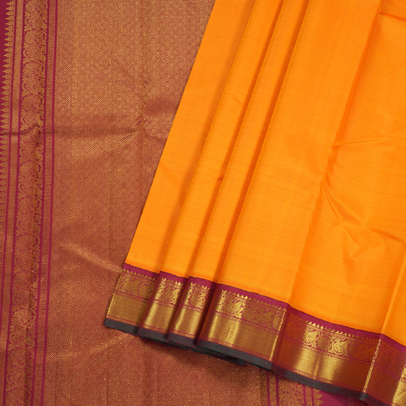 Hayagrivas Mango Yellow Kanjivaram Silk Saree with Maroon Border BBD236E3-3