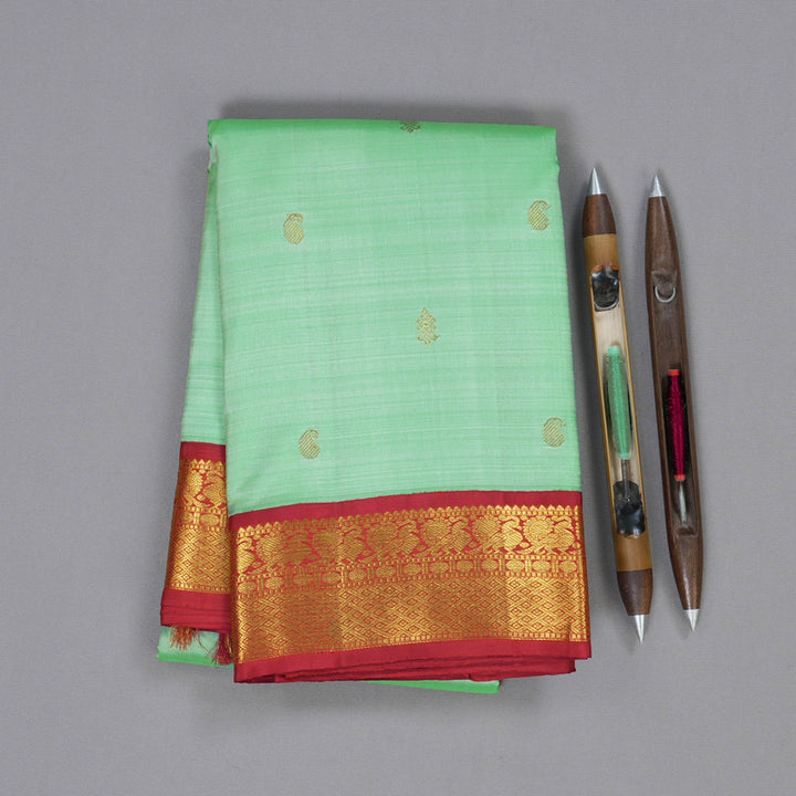 Hayagrivas Pastel Green Handloom Kanjivaram Silk Saree with Red Border BBD236E4-3