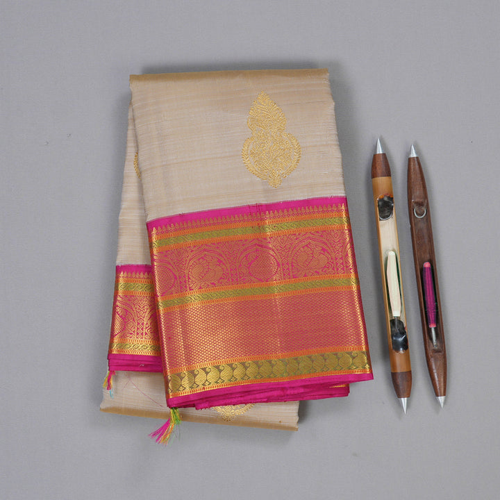 Hayagrivas Beige Kanjivaram Silk Saree with Pink Border BBD238E9-3