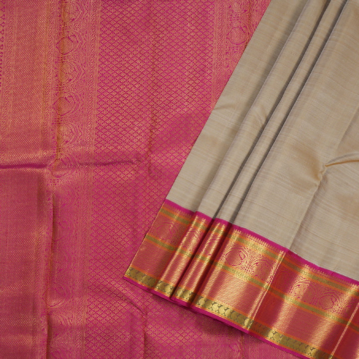 Hayagrivas Beige Kanjivaram Silk Saree with Pink Border BBD238E9-3