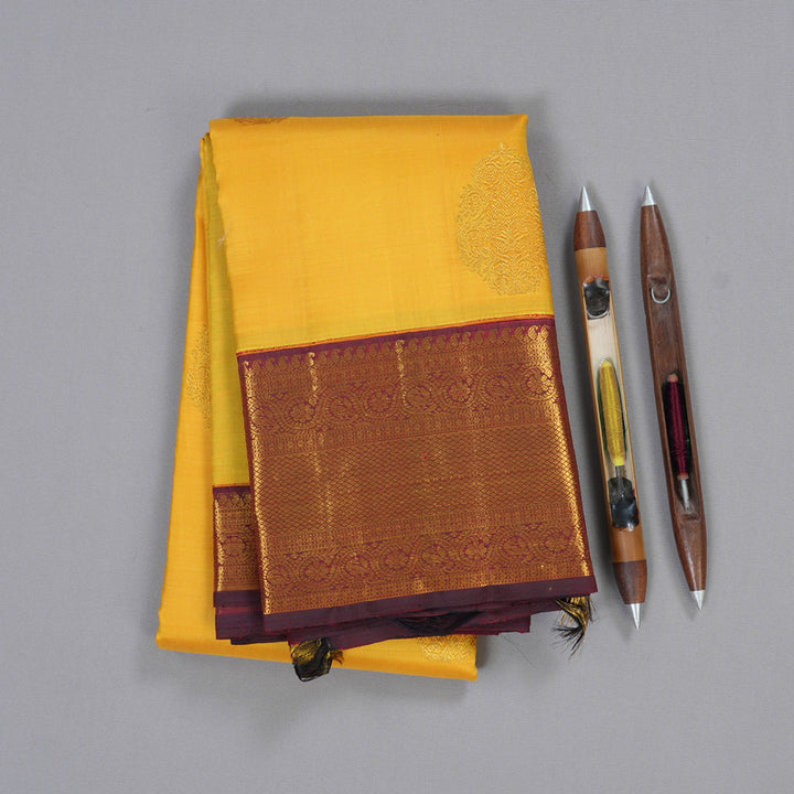 Hayagrivas Mustard Kanjivaram Silk Saree with Deep Maroon Border BBD238E9-6