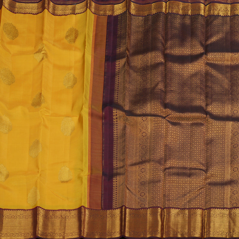 Hayagrivas Mustard Kanjivaram Silk Saree with Deep Maroon Border BBD238E9-6