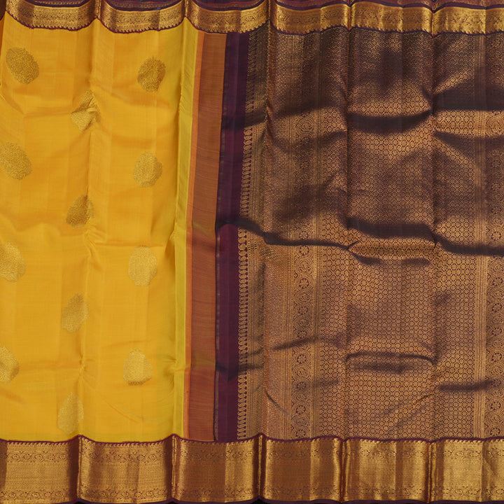 Hayagrivas Mustard Kanjivaram Silk Saree with Deep Maroon Border BBD238E9-6