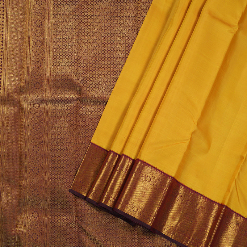 Hayagrivas Mustard Kanjivaram Silk Saree with Deep Maroon Border BBD238E9-6