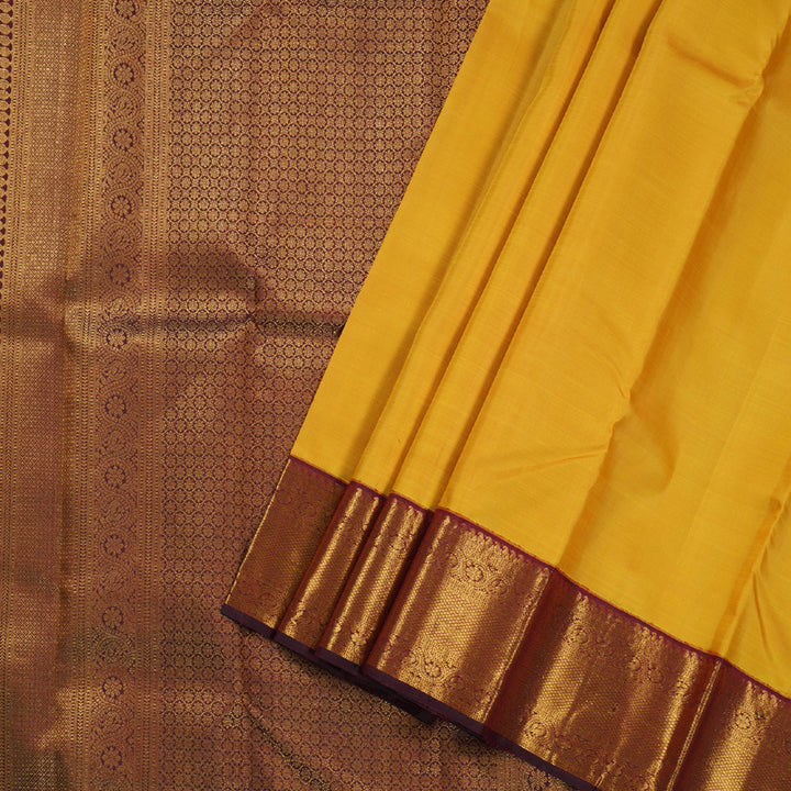 Hayagrivas Mustard Kanjivaram Silk Saree with Deep Maroon Border BBD238E9-6