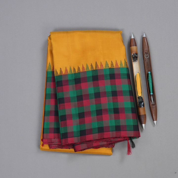 Hayagrivas Mustard Yellow Handloom Kanjivaram Silk Saree with Multi Color Checks Border BBD256E1-1