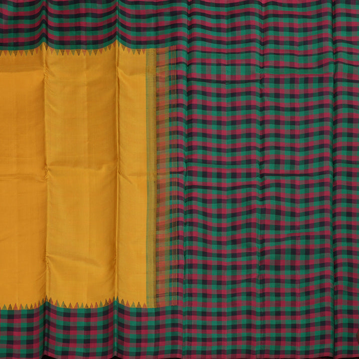 Hayagrivas Mustard Yellow Handloom Kanjivaram Silk Saree with Multi Color Checks Border BBD256E1-1