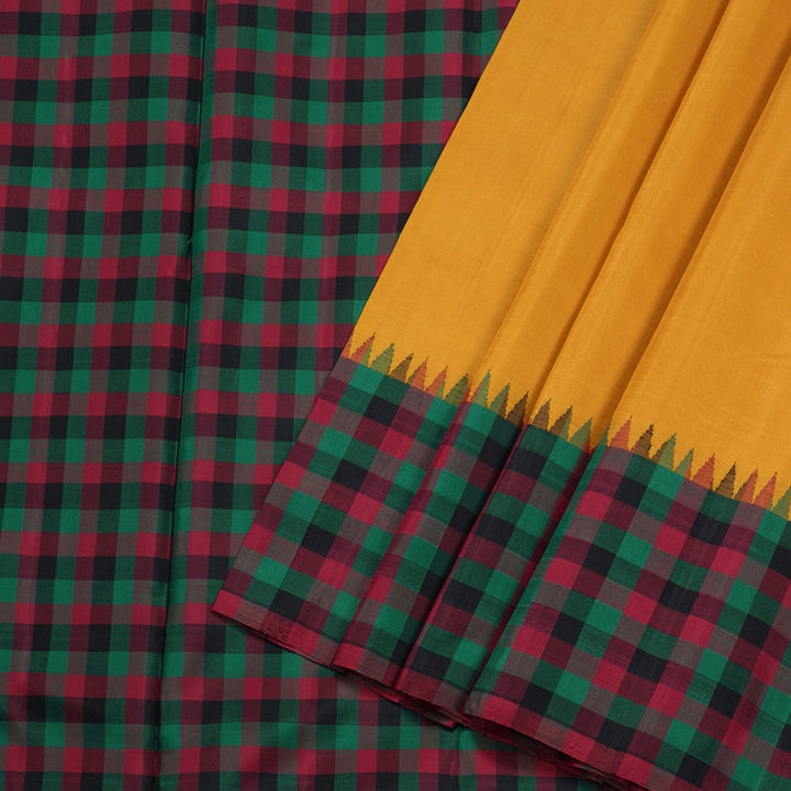 Hayagrivas Mustard Yellow Handloom Kanjivaram Silk Saree with Multi Color Checks Border BBD256E1-1