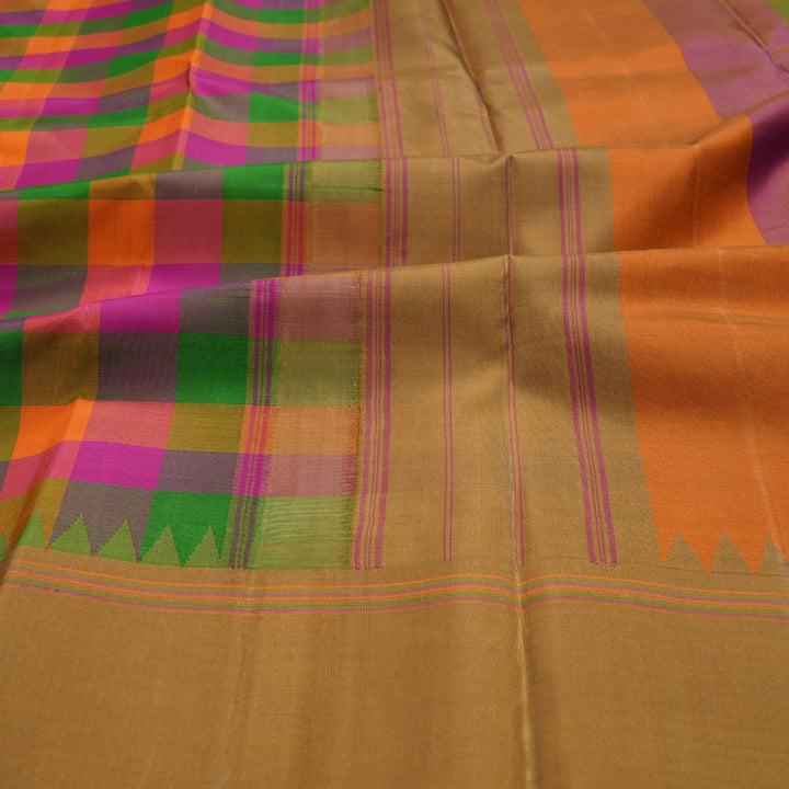 Hayagrivas Multi Color Checks Kanjivaram Silk Saree with Khaki Border BBD258E12-1