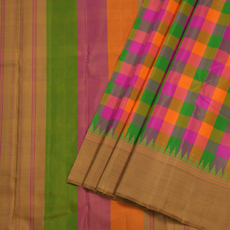 Hayagrivas Multi Color Checks Kanjivaram Silk Saree with Khaki Border BBD258E12-1